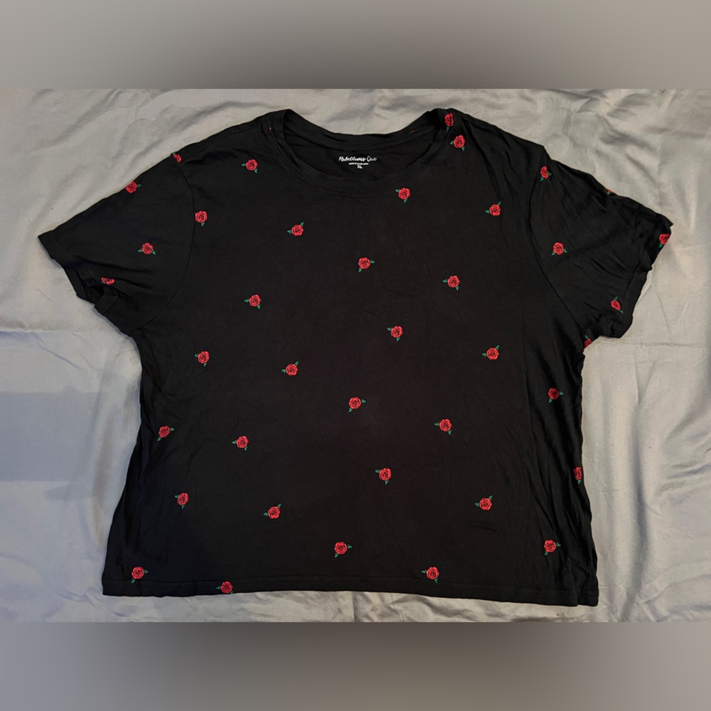 Rebellious One Black Tee with Red Rose Pattern